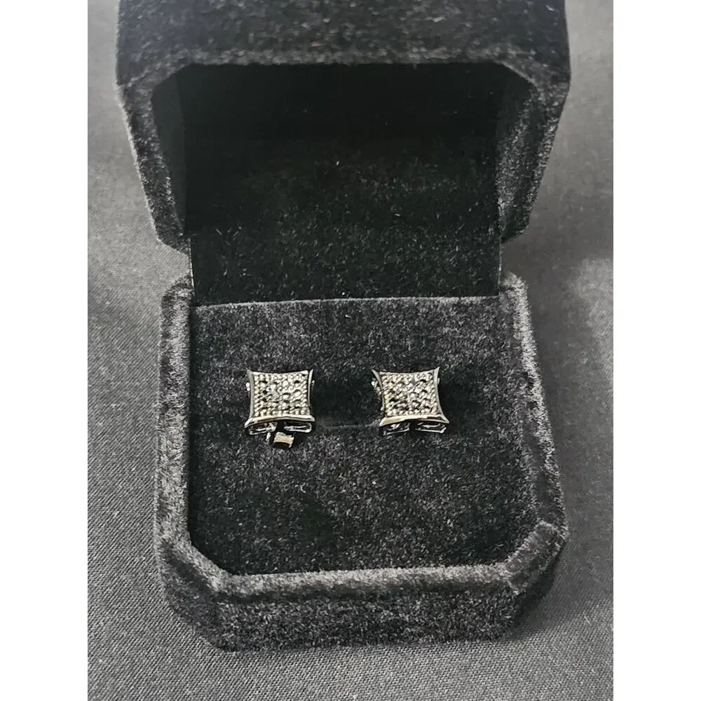 .925 Sterling Silver Black Square 7.5mm Earrings with black prong set CZs